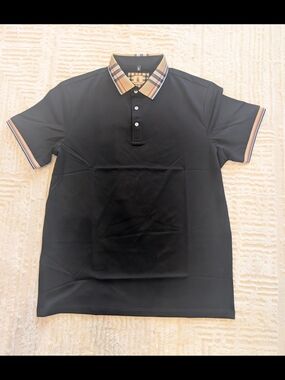 Black Polo with Contrast Check Collar and Stripe-Trim Sleeves